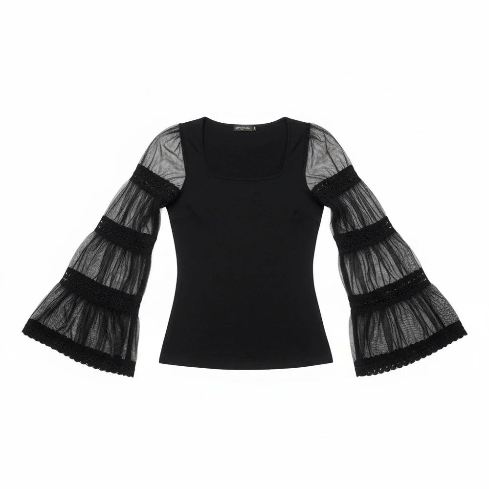 Anne Fontaine Black Sheer Lace Tiered-Sleeve Top - Picture 2 of 5
